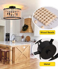 Boho Wood Beaded Chandelier With Three Lights In Black Semi Flush Mount Ceiling Light For Dining Room Kitchen Hallway Bedroom And Living Room Adds Warm Ambience And Rustic Charm For A Cozy Boho Vibe displayed in a kitchen setting with close-up insets of wood beads and metal frame details.