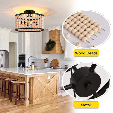 Boho Wood Beaded Chandelier With Three Lights In Black Semi Flush Mount Ceiling Light For Dining Room Kitchen Hallway Bedroom And Living Room Adds Warm Ambience And Rustic Charm For A Cozy Boho Vibe displayed in a kitchen setting with close-up insets of wood beads and metal frame details.