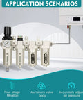 Three Quarter Inch NPT Industrial Air Dryer For Compressors With Four Stage Water Separator System Auto Drain And Oil Water Separator Dryer For Plasma Cutters And Paint Sprayers showing four-stage filtration setup