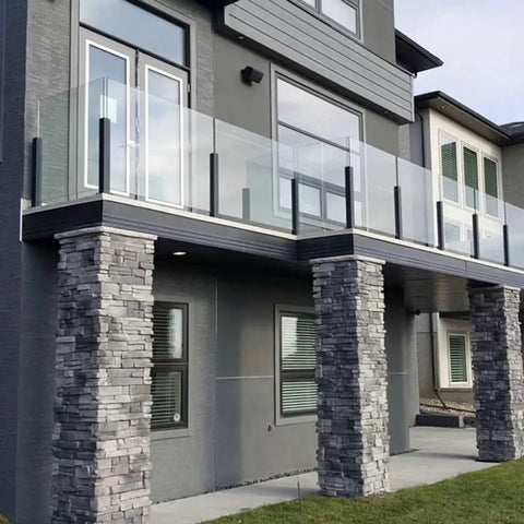 Boss Grade 304 Stainless Steel Railing Kit Square Mid Post For Glass Panels On Decks And Porches For Balconies Hella Rust Resistant Tough As Nails Easy Peasy Install 53 Inch installed on a modern balcony.