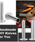 Nickel Silver Knife Handle Rivet Pins 5/16 Inch Head 5/8 Inch Shaft Set Of 15 For DIY Knife Making shown with vegetables and knife