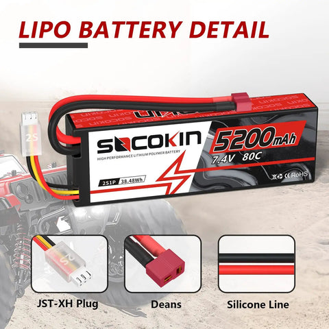 2S 7.4V 5200mAh 80C LiPo Battery With Hard Case T Plug For RC Cars Boats Drones Planes And Trucks High Discharge Power