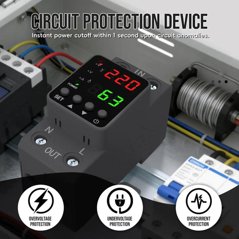 Power Guard Adjustable Voltage Protector And Smart Circuit Breaker For DIN Rail Mount 110V 220V Drop-In Ready Undervoltage 80-210V Overvoltage 130-300V 1-63A Adjustable Overcurrent Real-Time Voltage And Current Display, DIN rail module in electrical panel