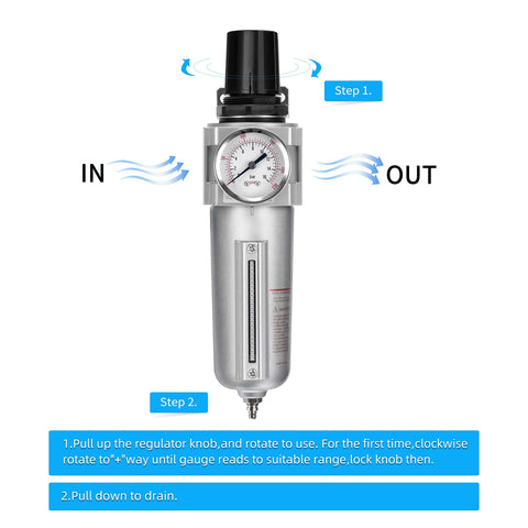 Heavy Duty Industrial Air Filter And Regulator With Metal Bowl For Paint Spray, Half Inch NPT Auto Drain, 5 Micron Filtration