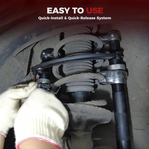 2-Piece Coil Spring Compressor Kit in use on automotive strut with double retention anti-drop system and safeguard brace