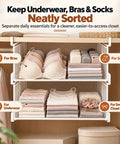2 Pack Underwear Closet Organizer With Under Shelf Hanging Baskets showing bras, socks, and underwear neatly sorted in mesh bins.