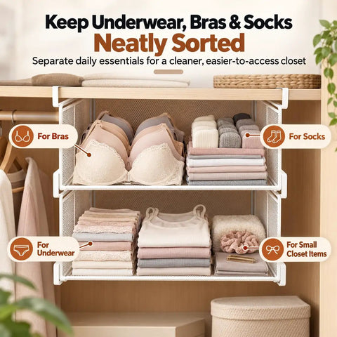 2 Pack Underwear Closet Organizer With Under Shelf Hanging Baskets showing bras, socks, and underwear neatly sorted in mesh bins.
