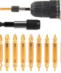 10 Pc HSS 6542 Screw Extractor Remover Kit For Stripped Rusty And Broken Hardware With Easy Removal Gold Finish displayed