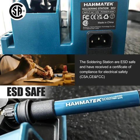 Close-up of Digital Display Soldering Station Kit with ESD safe feature, temperature adjustable from 392 to 896 Fahrenheit.