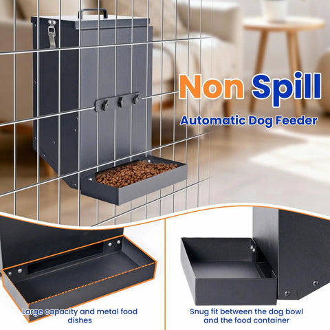 Real Deal Automatic Dog Feeder Hanging Pet Cage Food Dispenser Holds 17 Pounds, mounted on crate with kibble filled bowl.