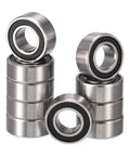 Front view: set of 10 miniature chrome steel deep groove ball bearings with double rubber seals (4x7x2.5 mm)