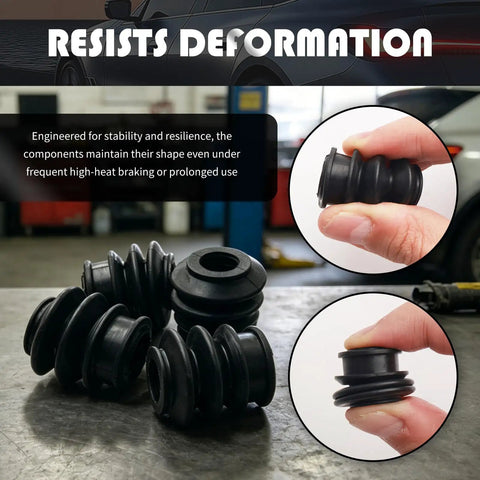 Close-up of 4Pcs Rubber Brake Caliper Slide Pin Bushing Kit on table, highlighting structure and resilience for Honda vehicles.