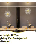 Gold Crystal Sputnik Chandelier Pendant Light 8 Light Firework Dandelion Design for Living Room Dining Room Bedroom Kitchen 40 Cm Diameter Modern Gold Bead Crystal Fixture With Dope Vibe And Luxe Glow, shown in adjustable height over dining table