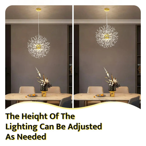 Gold Crystal Sputnik Chandelier Pendant Light 8 Light Firework Dandelion Design for Living Room Dining Room Bedroom Kitchen 40 Cm Diameter Modern Gold Bead Crystal Fixture With Dope Vibe And Luxe Glow, shown in adjustable height over dining table
