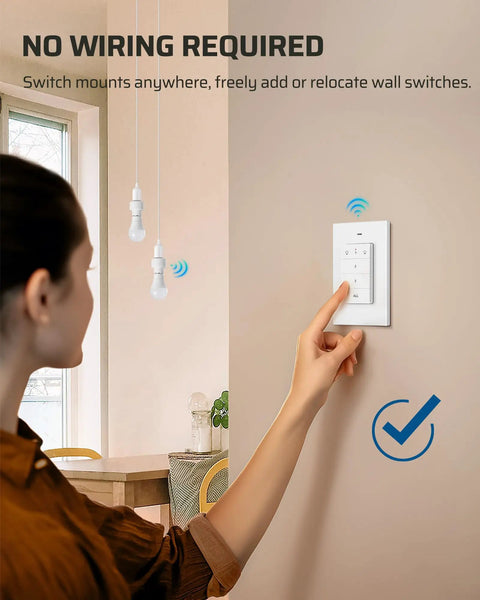 Woman using Wireless Remote Light Switch Kit For Lamps And Fixtures No Wiring Needed 100 Ft Range Wall Mounted Controller.