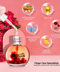 Pro Grade At Home Nail Care Kit With 3 Files And Buffers Cuticle Nipper Pusher Fork Rose Oil 15ml bottle with pink background