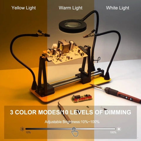 Helping Hands Magnetic Soldering Station with lighting options and PCB clamps for precise circuit board work.