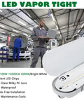 Eight Foot LED Vapor Tight Shop Light 100W 12000LM IP65 waterproof for garages; light detail inset; mechanics in shop