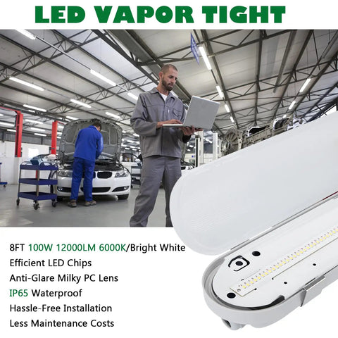 Eight Foot LED Vapor Tight Shop Light 100W 12000LM IP65 waterproof for garages; light detail inset; mechanics in shop