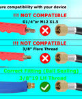 Comparison of propane torch hose fittings with correct 3/8-19 LH thread and incompatible G1/4 or 3/8 flare threads.