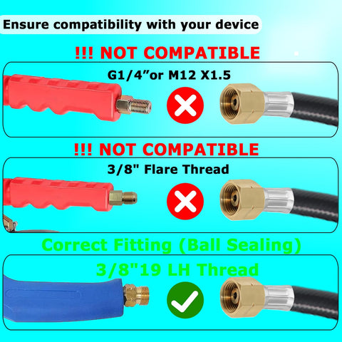 Comparison of propane torch hose fittings with correct 3/8-19 LH thread and incompatible G1/4 or 3/8 flare threads.
