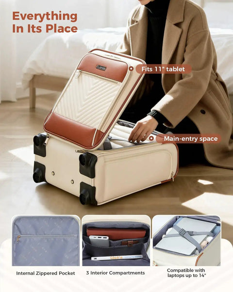 Underseat Carry On Luggage For Women Lightweight 19 Inch Multi Compartment Travel Bag With 360 Degree Wheels And Telescopic Handle For Airline Travel Weekender Fits Overhead Bins shown open, highlighting interior compartments.