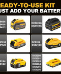 Image of various DeWalt battery models including DCB606, DCB609, DCB184G, compatible with Heavy Duty Brushless Cordless Impact Wrench With 500 Nm Torque And 369 Ft Lbs.