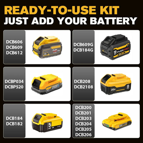 Image of various DeWalt battery models including DCB606, DCB609, DCB184G, compatible with Heavy Duty Brushless Cordless Impact Wrench With 500 Nm Torque And 369 Ft Lbs.