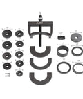 Universal Wheel Bearing Puller Kit And Hub Removal Tool components displayed with measurements for various sizes and shapes.