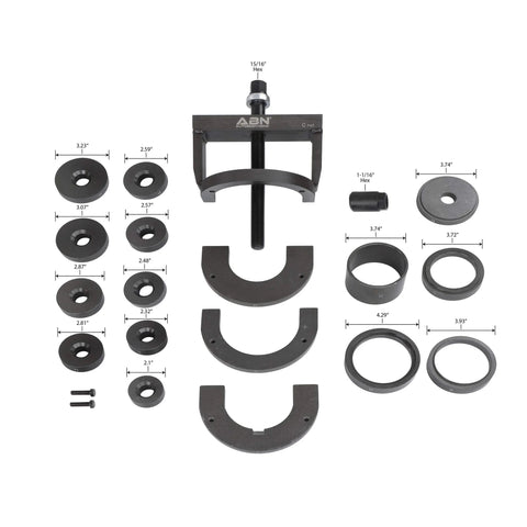 Universal Wheel Bearing Puller Kit And Hub Removal Tool components displayed with measurements for various sizes and shapes.