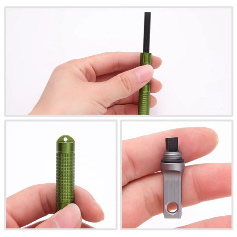 Three Pack Ferro Rod Fire Starters With Scraper Striker, compact and weatherproof, shown in hand demonstrating size and design.