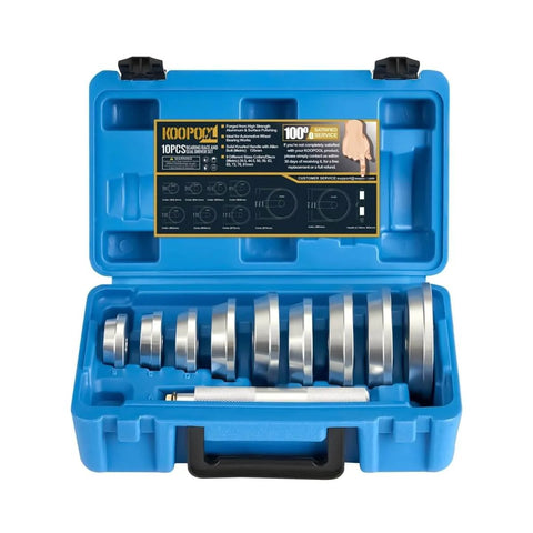 Pro Grade 10 Piece Wheel Bearing Press Kit With Seal Driver And Universal Adapters in blue case, open view