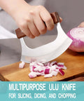 Coowolf Ulu knife (rocker) with walnut wood handle and stainless steel blade chopping red onion on a cutting board