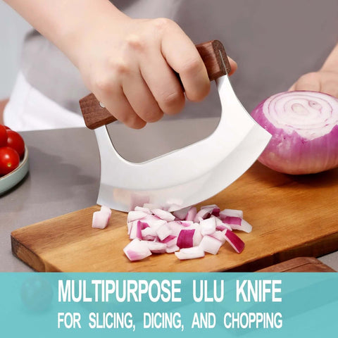 Coowolf Ulu knife (rocker) with walnut wood handle and stainless steel blade chopping red onion on a cutting board