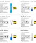 Image showing six crimp die options for Eight Piece Rapid Replace Ratchet Crimping Tool Set With Pressure Regulation And Automatic Wire Stripper For Heat Shrink And Ferrule Connectors Open Barrel Non Insulated Solar Ready Includes Six Crimp Die Options For End Terminals, each labeled for specific terminal types and wire gauges.