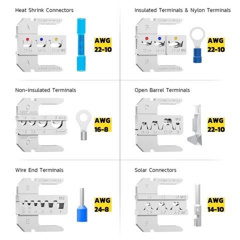 Image showing six crimp die options for Eight Piece Rapid Replace Ratchet Crimping Tool Set With Pressure Regulation And Automatic Wire Stripper For Heat Shrink And Ferrule Connectors Open Barrel Non Insulated Solar Ready Includes Six Crimp Die Options For End Terminals, each labeled for specific terminal types and wire gauges.