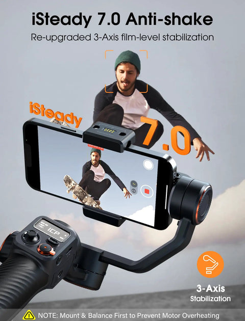 iSteady M6 Gimbal Stabilizer for smartphone footage with 3-axis anti-shake showing a skater image on phone screen
