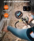 Digital Tire Pressure Gauge With Inflator 0-250 PSI Calibrated To ANSI B40.7 Grade 2A in use measuring car tire