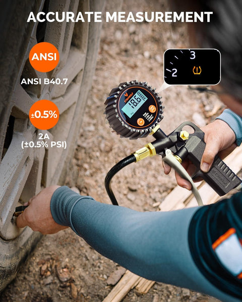 Digital Tire Pressure Gauge With Inflator 0-250 PSI Calibrated To ANSI B40.7 Grade 2A in use measuring car tire
