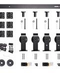Heavy Duty Four Door Bifold Barn Door Hardware Kit With Black Track And Top Mounted Rollers For Smooth Bifold Sliding Doors Includes Rail Sections Rollers Hinges Floor Guides And Mounting Screws Door Not Included shown in components view