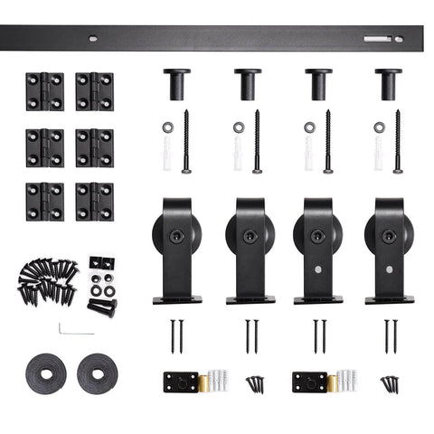 Heavy Duty Four Door Bifold Barn Door Hardware Kit With Black Track And Top Mounted Rollers For Smooth Bifold Sliding Doors Includes Rail Sections Rollers Hinges Floor Guides And Mounting Screws Door Not Included shown in components view