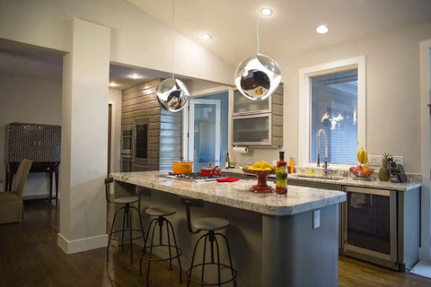 Modern kitchen with Six Inch LED Retrofit Downlight 650 Lumen Dimmable Soft White 2700K illuminating the countertop