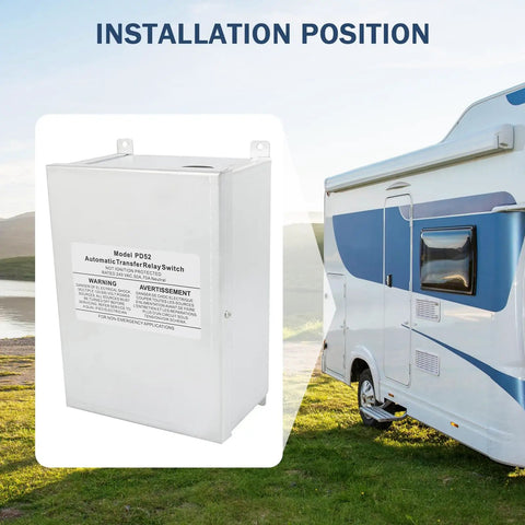 RV Automatic Transfer Switch 240VAC 50A 70A Neutral Pre Wired For Shore Power To Generator Or Inverter Emergency Backup Power Switch For RVs Boats And Big Power Equipment installed near an RV