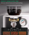 Detail of the 2026 Upgraded All-In-One 58mm Espresso Machine With Built-In Grinder showing coffee bean grinding process and settings.