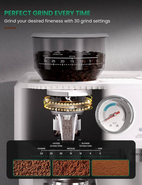 Detail of the 2026 Upgraded All-In-One 58mm Espresso Machine With Built-In Grinder showing coffee bean grinding process and settings.