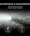 E9R G4 Tactical Flashlight 2550 Lumen Rechargeable LED With Magnetic USB Charging in rain, displaying IPX8 waterproof rating