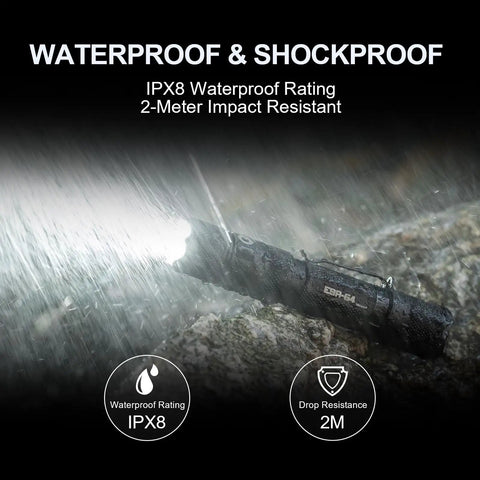 E9R G4 Tactical Flashlight 2550 Lumen Rechargeable LED With Magnetic USB Charging in rain, displaying IPX8 waterproof rating