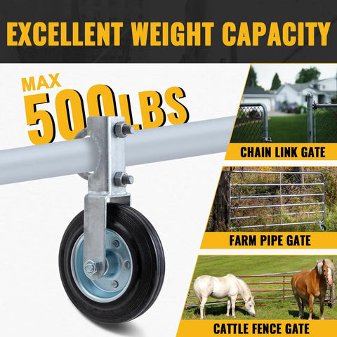 Gate Support Wheel For Metal Tube Gates Six Inch Heavy Duty Farm Caster For Swing Chain Link Fence Frames One Five Eighths To Two Inches Fits Keeps Gate From Sagging And Makes Opening And Closing Smooth, showing wheel and weight capacity