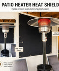 Patio heater with heat shield panel protecting wall, illustrating Heavy Duty Fireproof Fence Cover And Screen Protection For Grill Heat Shield