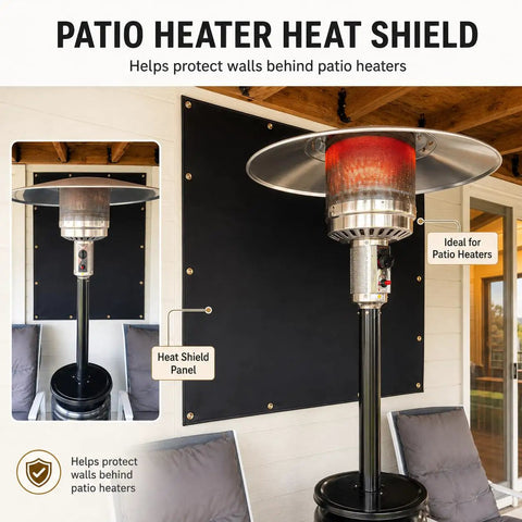 Patio heater with heat shield panel protecting wall, illustrating Heavy Duty Fireproof Fence Cover And Screen Protection For Grill Heat Shield
